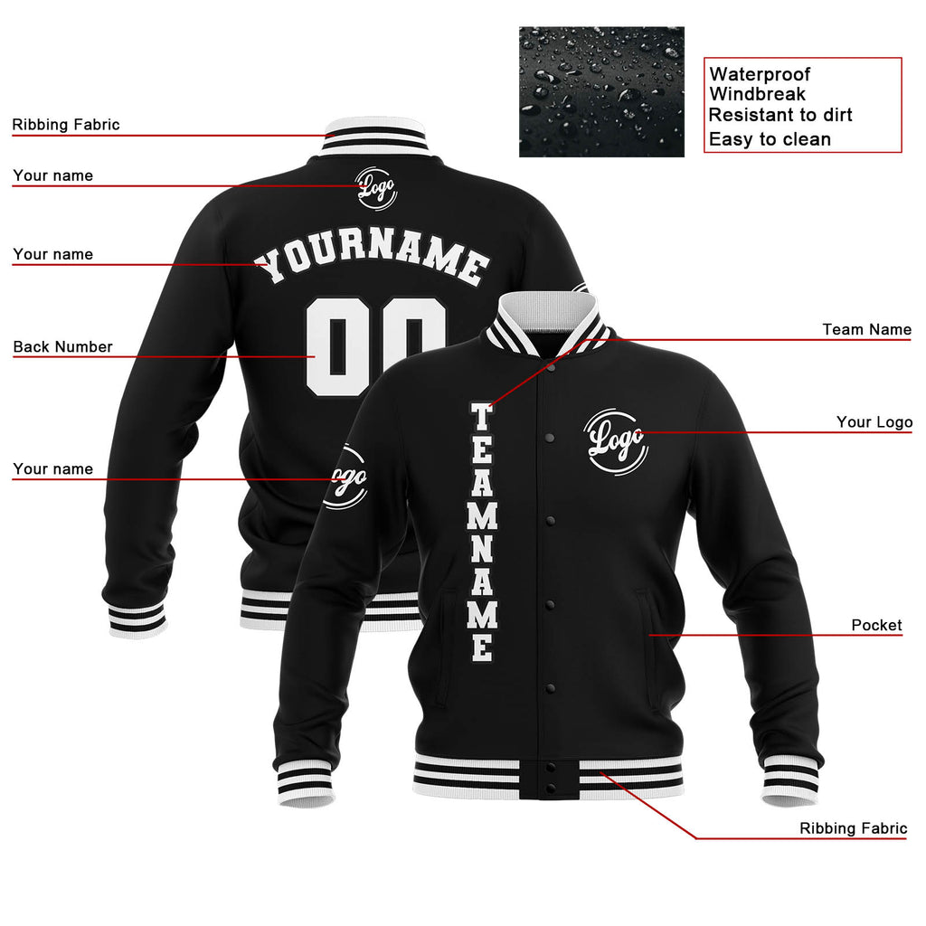 Custom Black White Waterproof Varsity Jackets Personalized Stitched Name Number Logo to Letterman Jackets enthsush