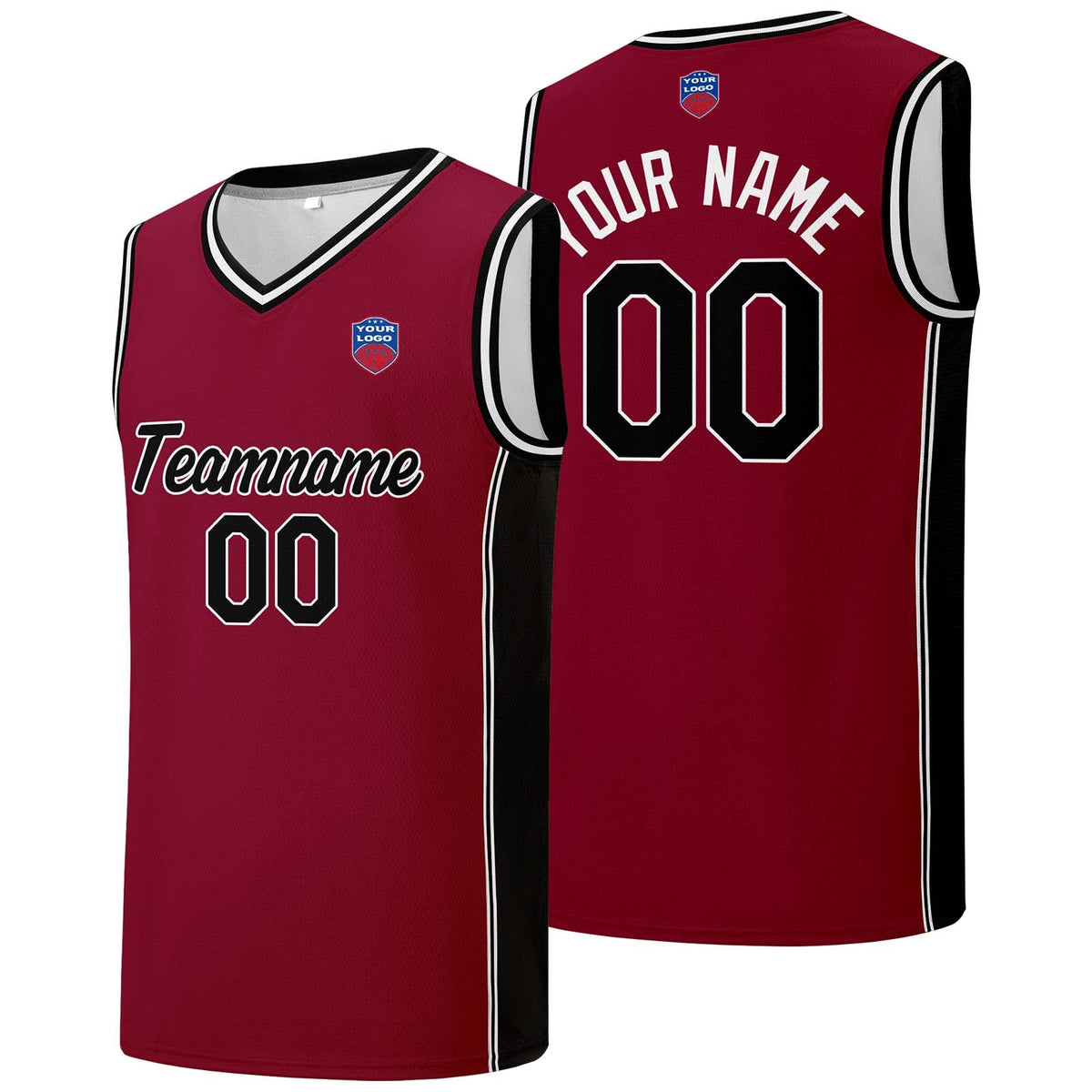 Custom basketball jersey shorts for men and women. Embroidered and printed name, number and logo Burgundy enthsush