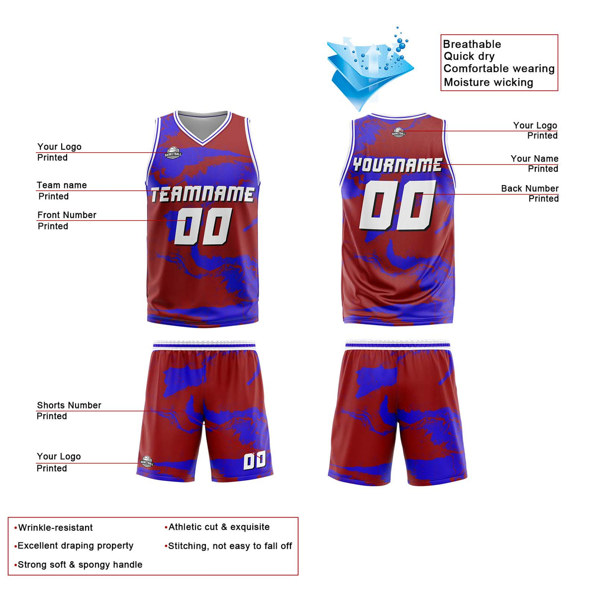 Custom Red Royal Reversible Basketball Suit for Adults and Kids Personalized Jersey enthsush