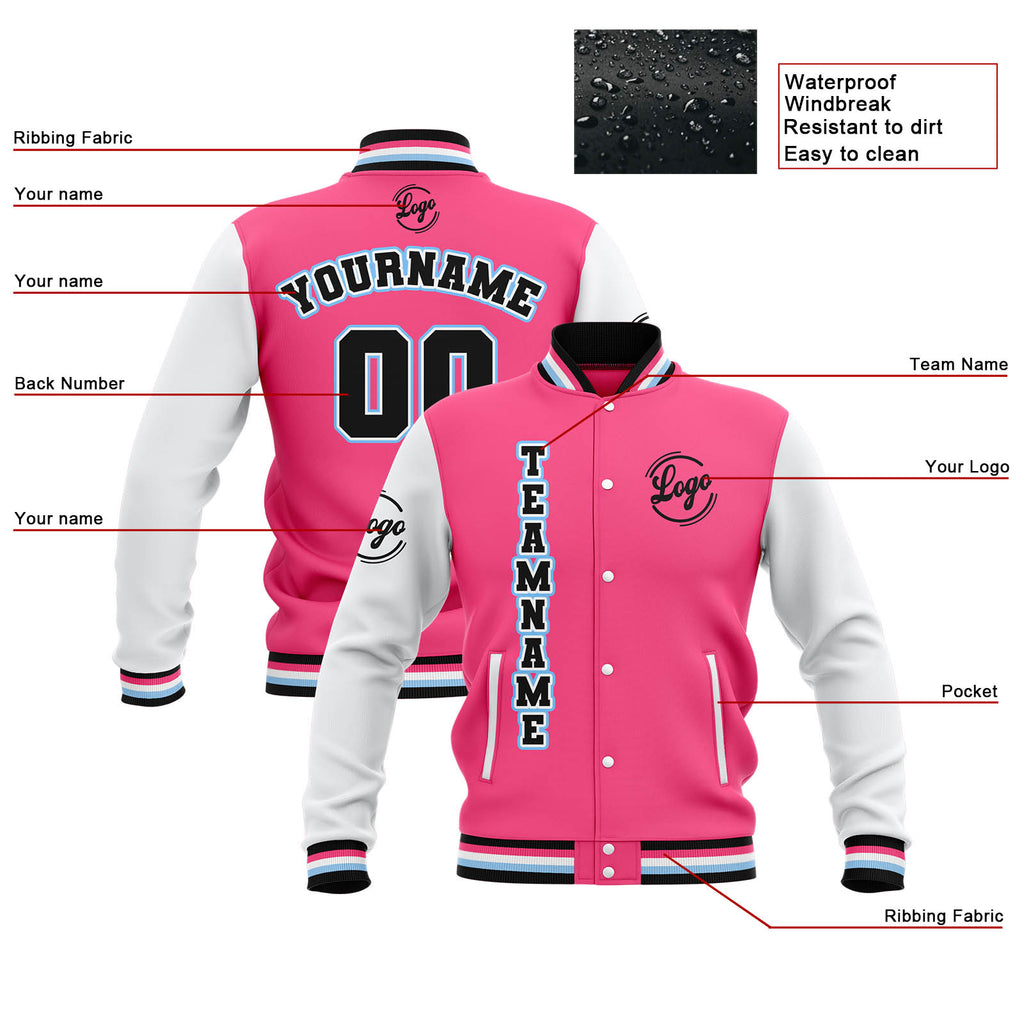 Custom Pink White Black Waterproof Varsity Jackets Personalized Stitched Name Number Logo to Letterman Jackets enthsush