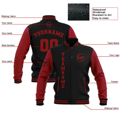 Custom Black Red Waterproof Varsity Jackets Personalized Stitched Name Number Logo to Letterman Jackets enthsush