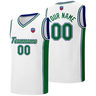 Custom basketball jersey shorts for men and women. Embroidered and printed name, number and logo White enthsush