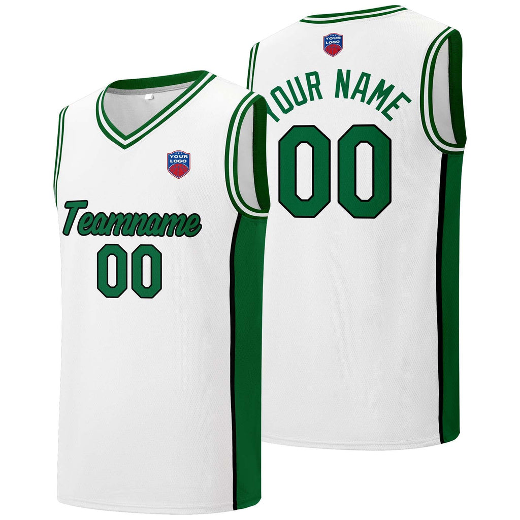 Custom basketball jersey shorts for men and women. Embroidered and printed name, number and logo White&Green enthsush