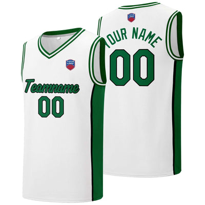 Custom basketball jersey shorts for men and women. Embroidered and printed name, number and logo White&Green enthsush