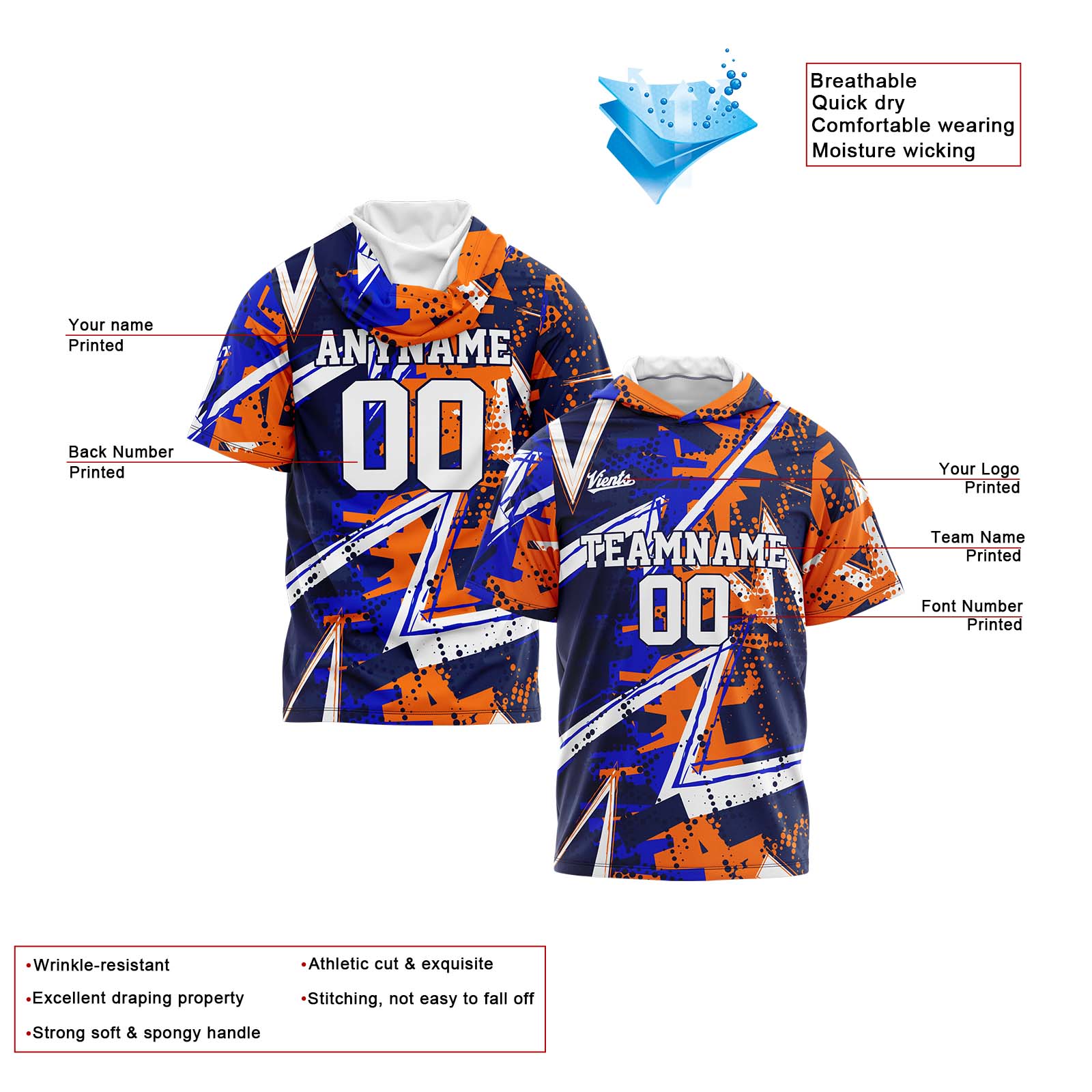 Custom Navy Royal Orange Short Sleeve Hoodies for Men Women Shirts with Hoods Printed Name Logo enthsush