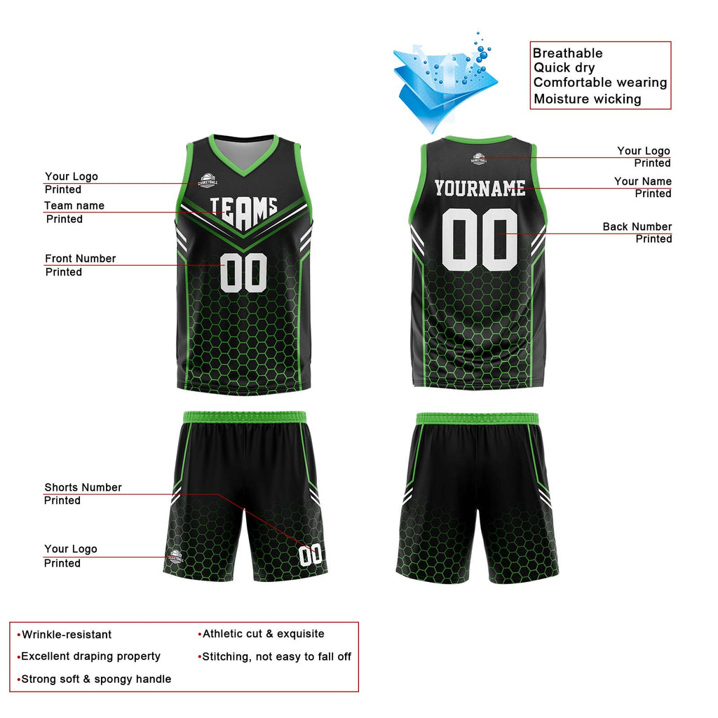 Custom Black Green Reversible Basketball Suit for Adults and Kids Personalized Jersey enthsush