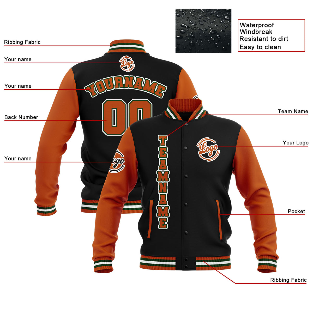Custom Black Orange Green Waterproof Varsity Jackets Personalized Stitched Name Number Logo to Letterman Jackets enthsush
