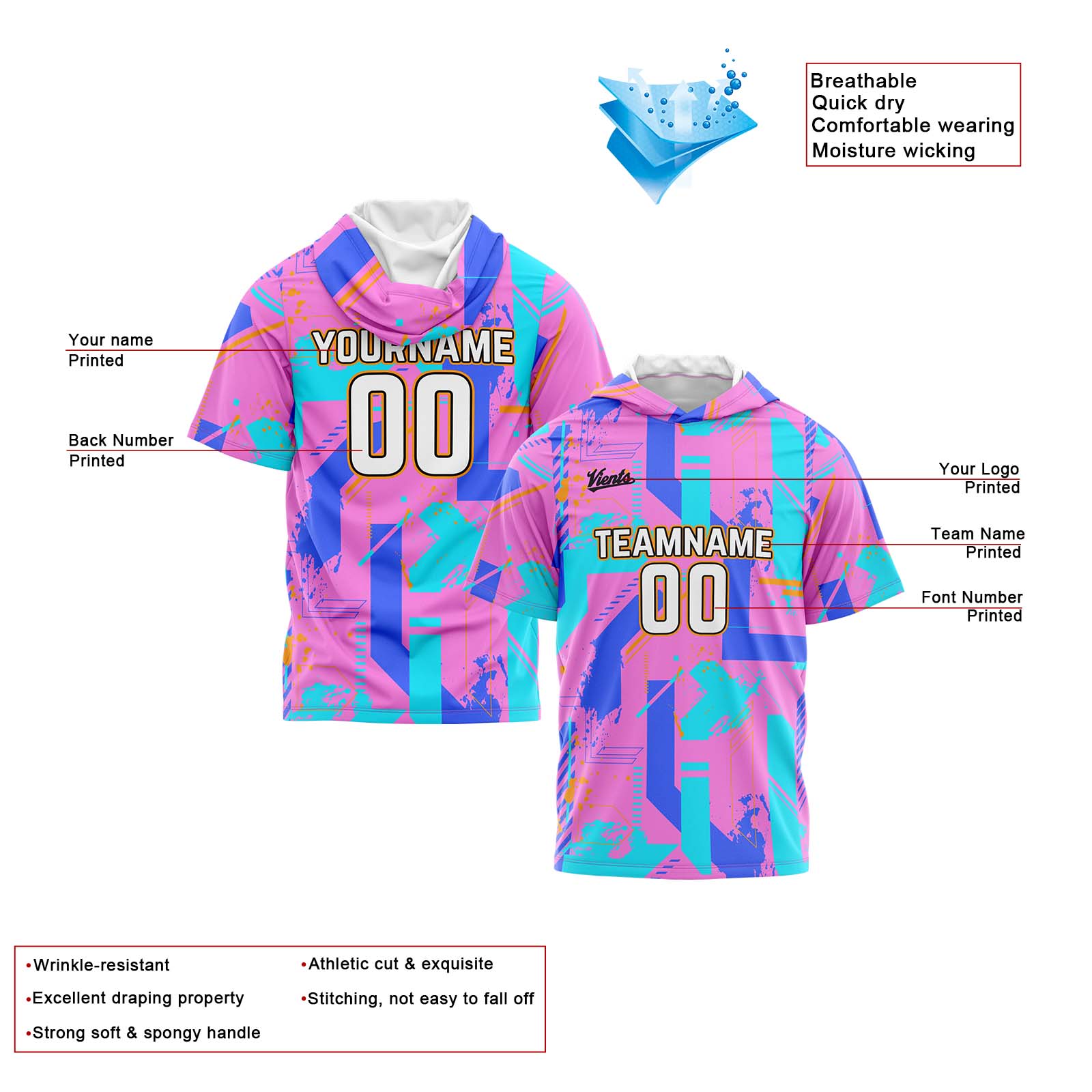 Custom Pink Blue Short Sleeve Hoodies for Men Women Shirts with Hoods Printed Name Logo enthsush