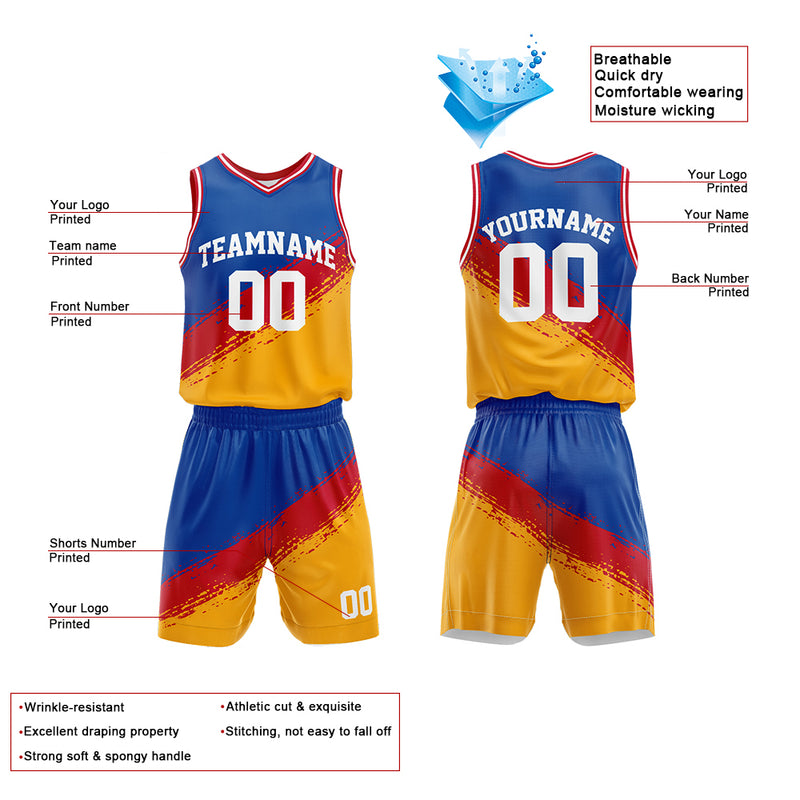 Custom Basketball Jersey Uniform Suit Printed Your Logo Name Number Royal-Red-Yellow