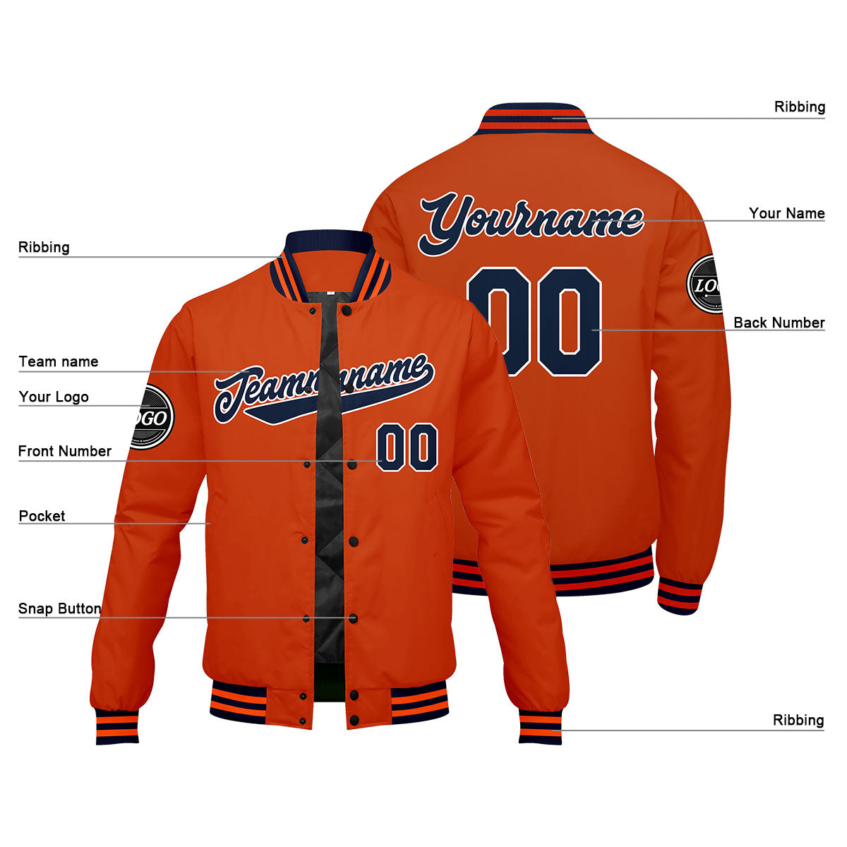 Custom Varsity Jacket Letterman jacket for Men, Women and Youth Navy Orange enthsush