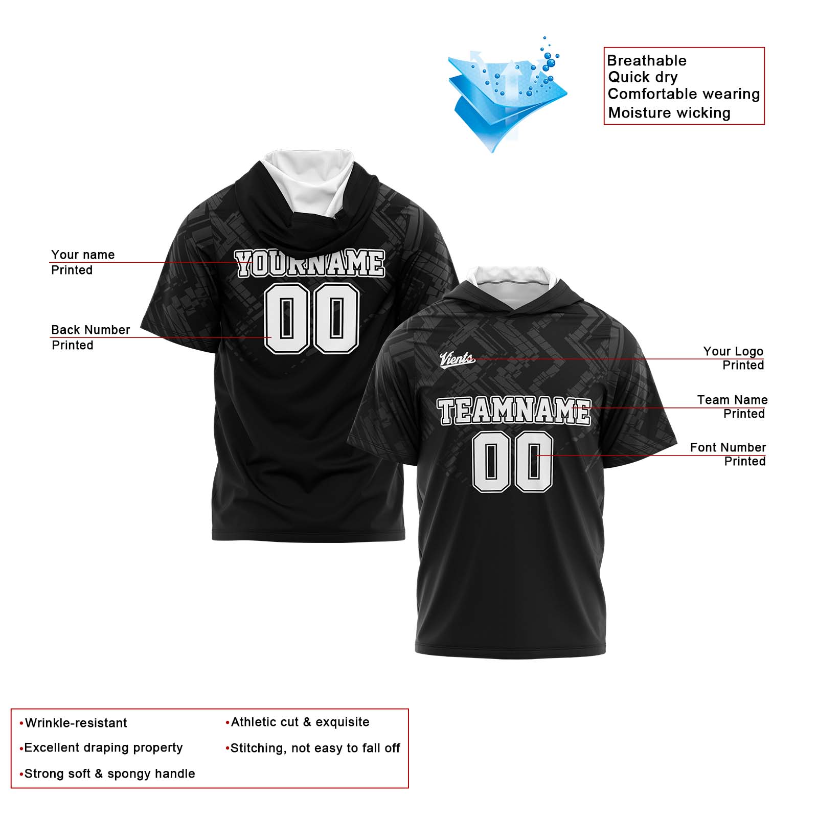 Custom Grey Black Short Sleeve Hoodies for Men Women Shirts with Hoods Printed Name Logo enthsush