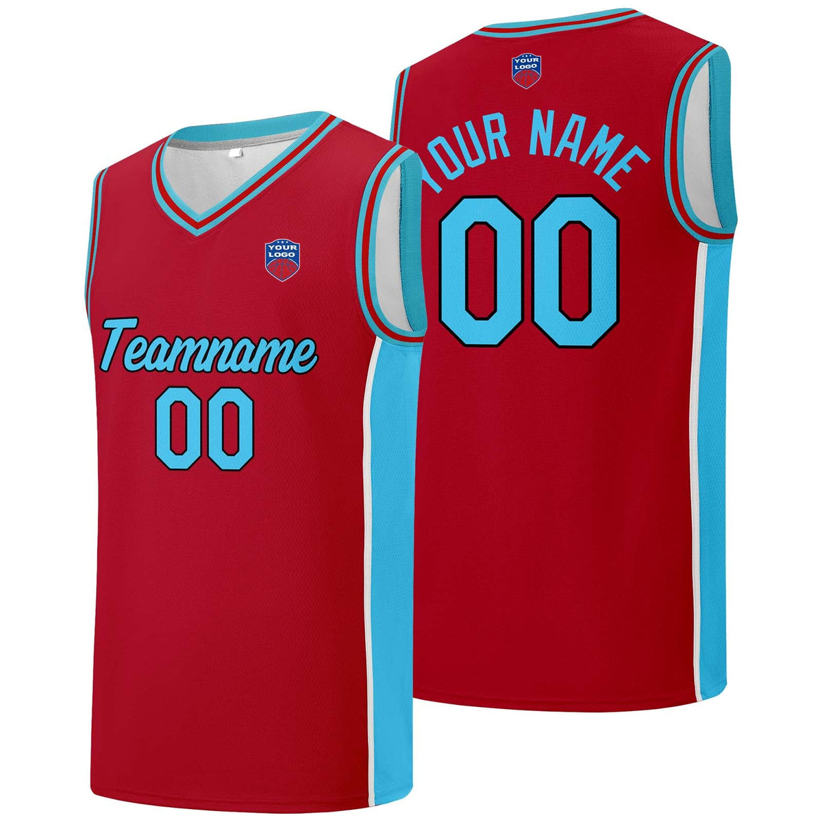 Custom basketball jersey shorts for men and women. Embroidered and printed name, number and logo Red&Light Blue enthsush