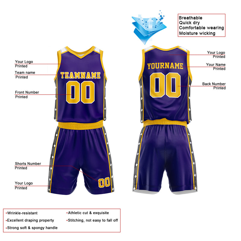 Custom Basketball Jersey Uniform Suit Printed Your Logo Name Number Purple-Yellow enthsush
