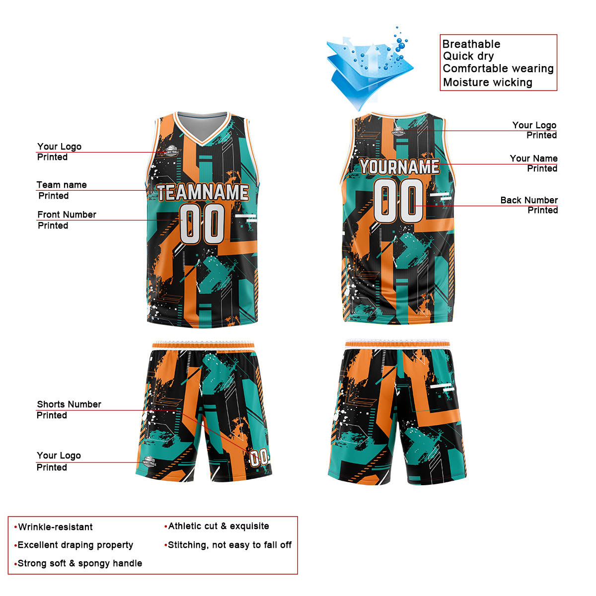 Custom Aqua Orange Basketball Jersey Uniform Suit Printed Your Logo Name Number enthsush
