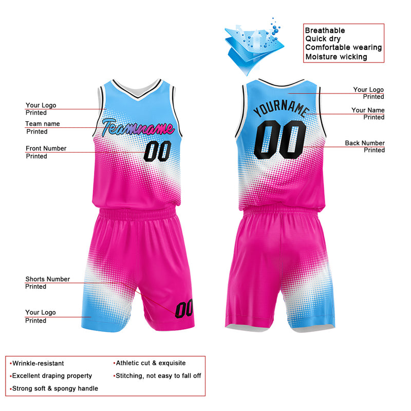 Custom Basketball Jersey Uniform Suit Printed Your Logo Name Number Light Blue-White-Hot Pink