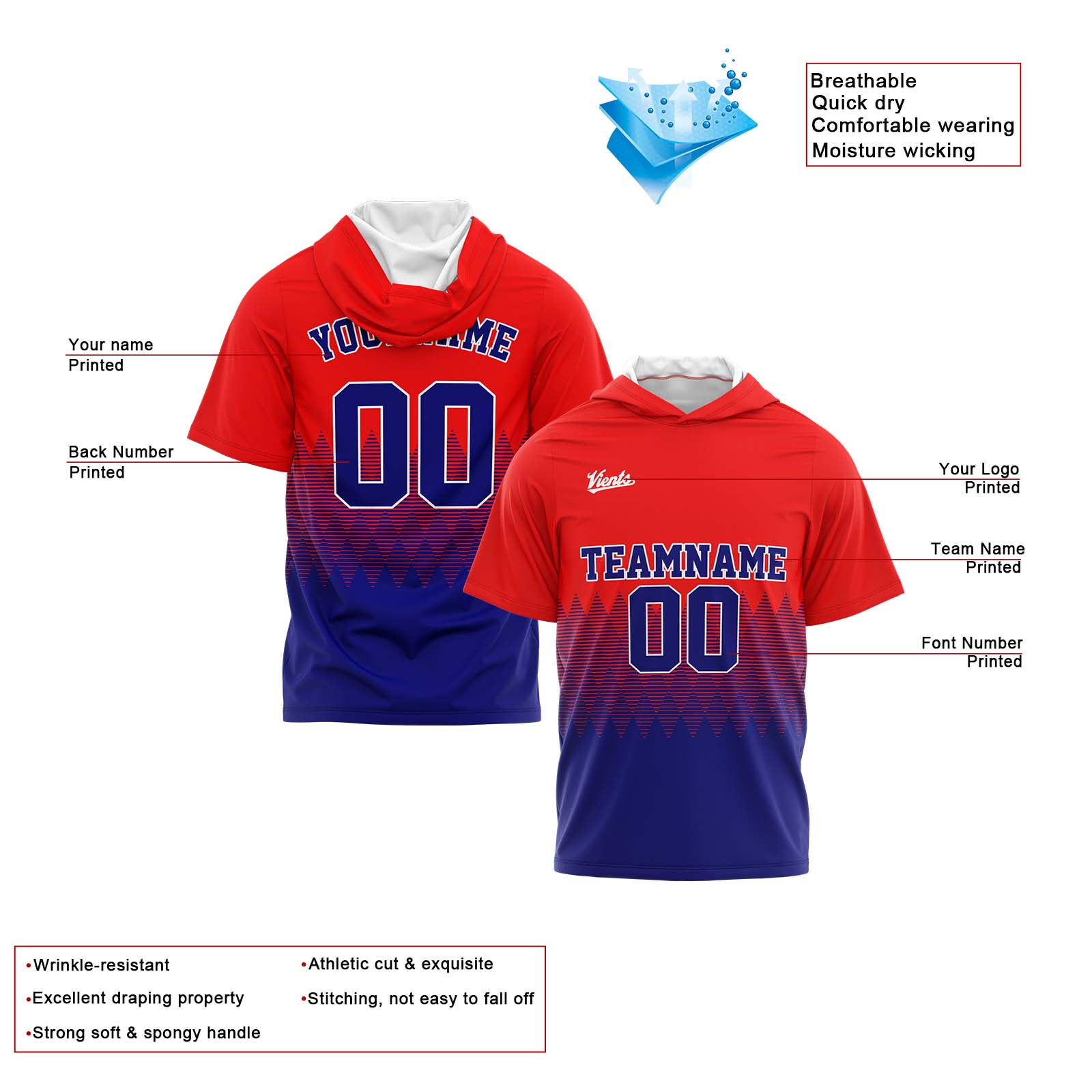 Custom Red Royal Short Sleeve Hoodies for Men Women Shirts with Hoods Printed Name Logo enthsush