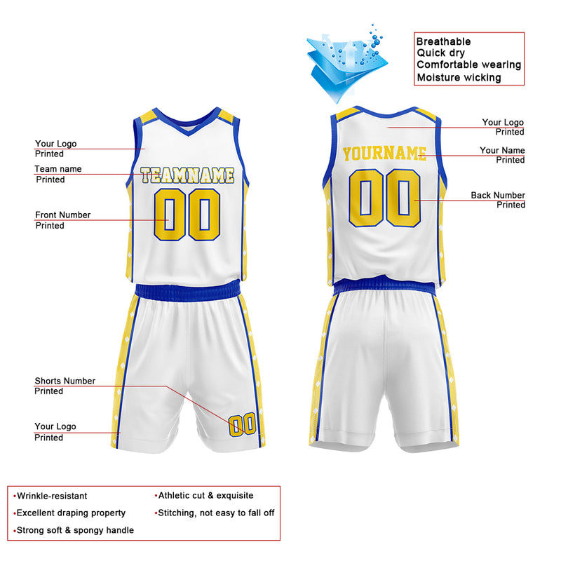 Custom Basketball Jersey Uniform Suit Printed Your Logo Name Number White-Royal-Yellow enthsush