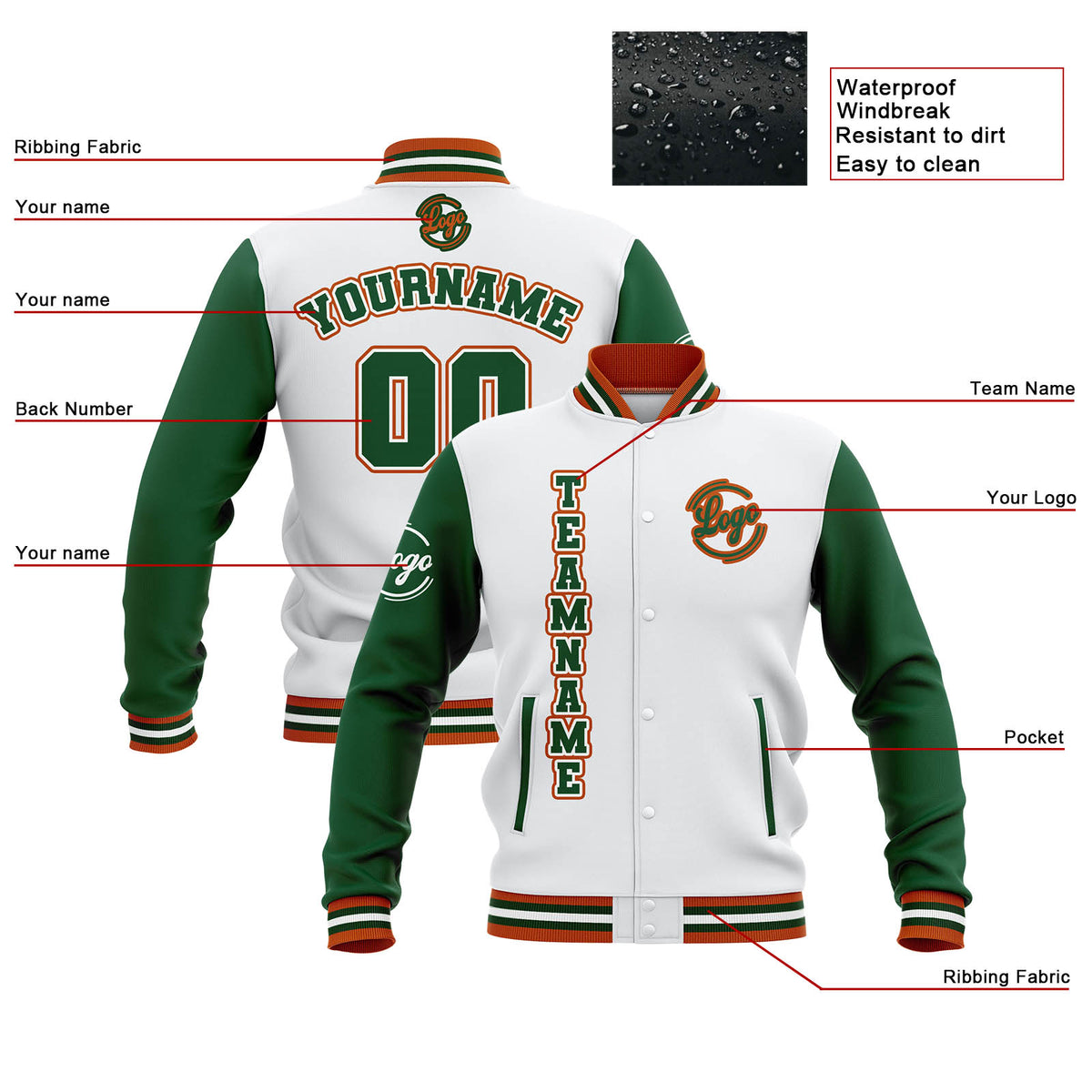Custom White Green Orange Waterproof Varsity Jackets Personalized Stitched Name Number Logo to Letterman Jackets enthsush