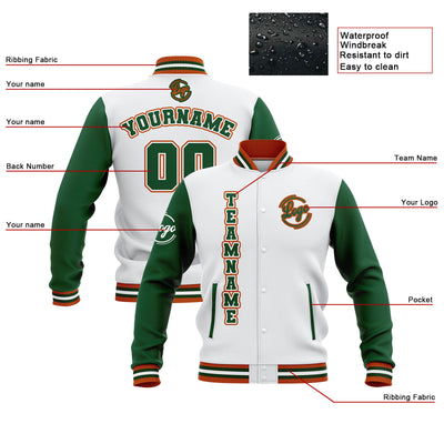 Custom White Green Orange Waterproof Varsity Jackets Personalized Stitched Name Number Logo to Letterman Jackets enthsush