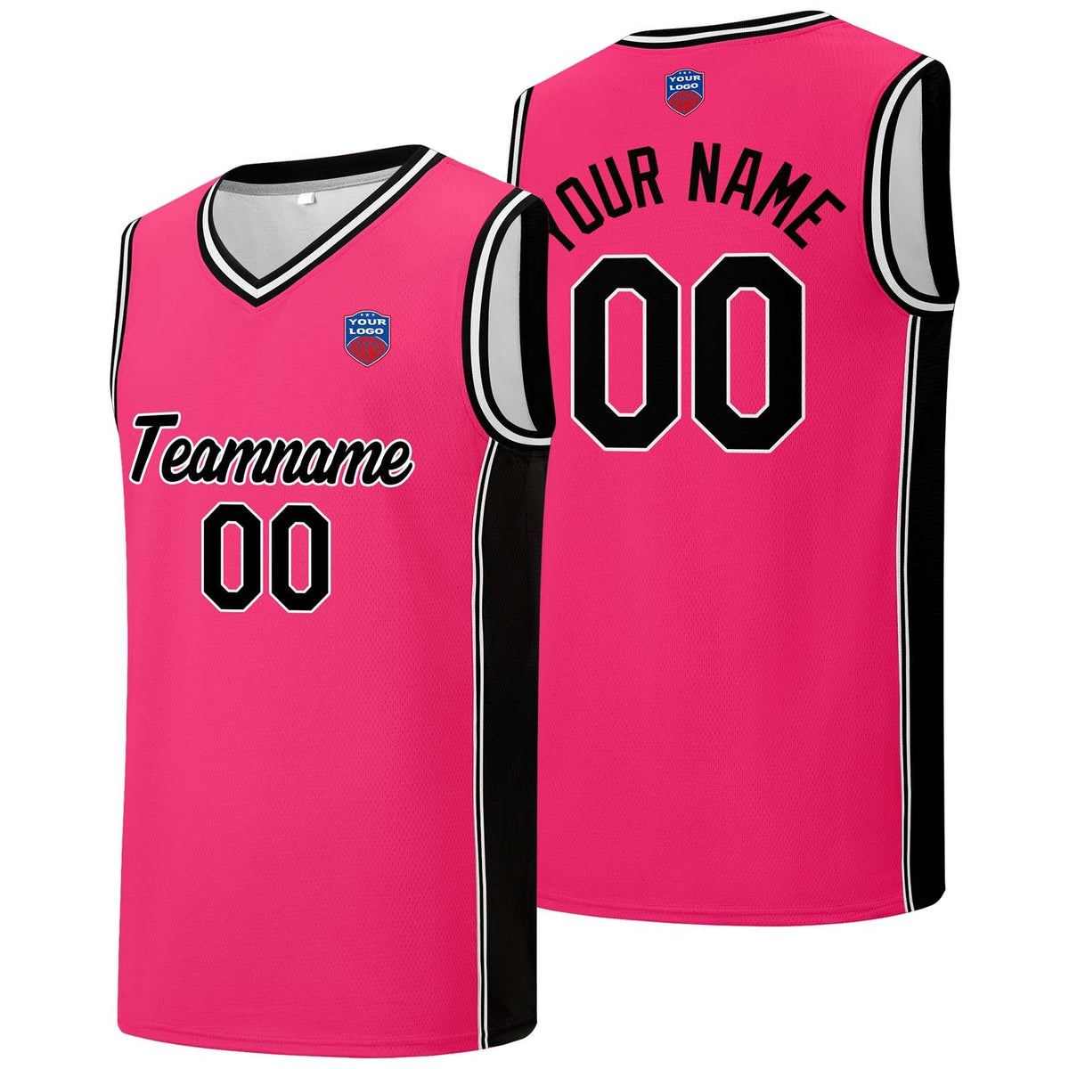 Custom basketball jersey shorts for men and women. Embroidered and printed name, number and logo Pink&Black enthsush