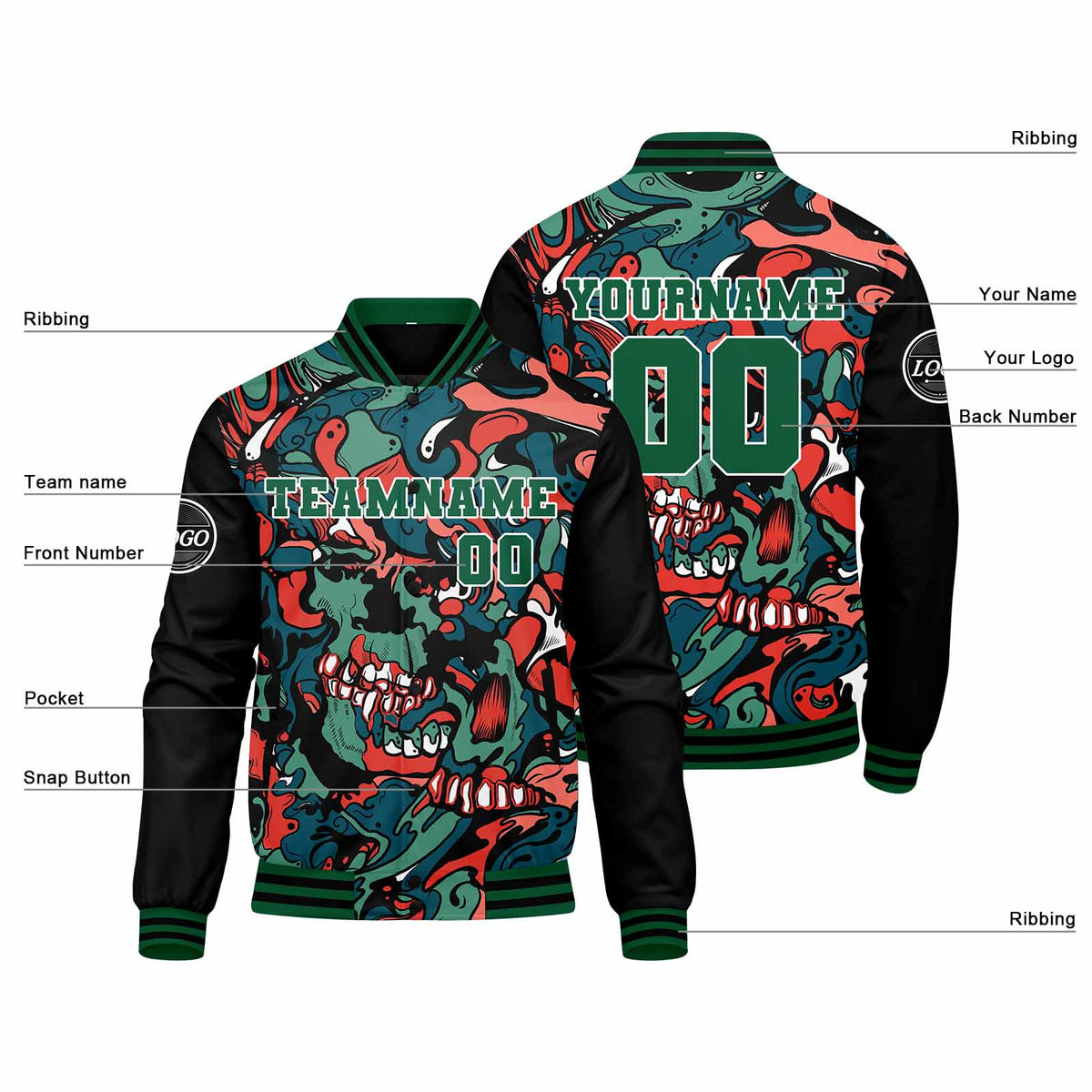 Custom Varsity Jacket Letterman jacket for Men, Women and Youth Green Orange enthsush