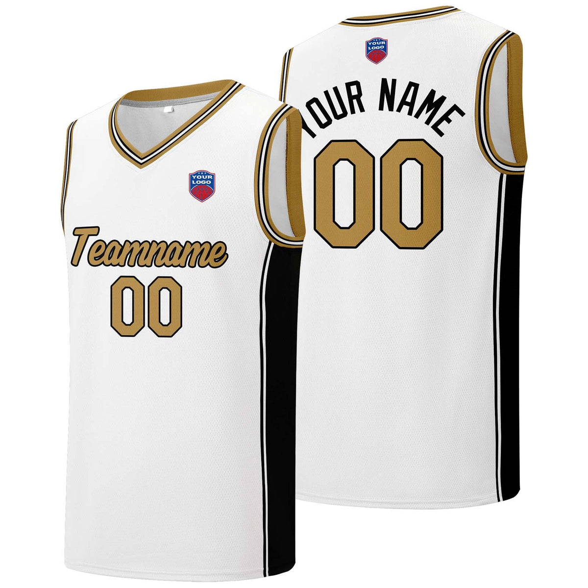 Custom basketball jersey shorts for men and women. Embroidered and printed name, number and logo White enthsush