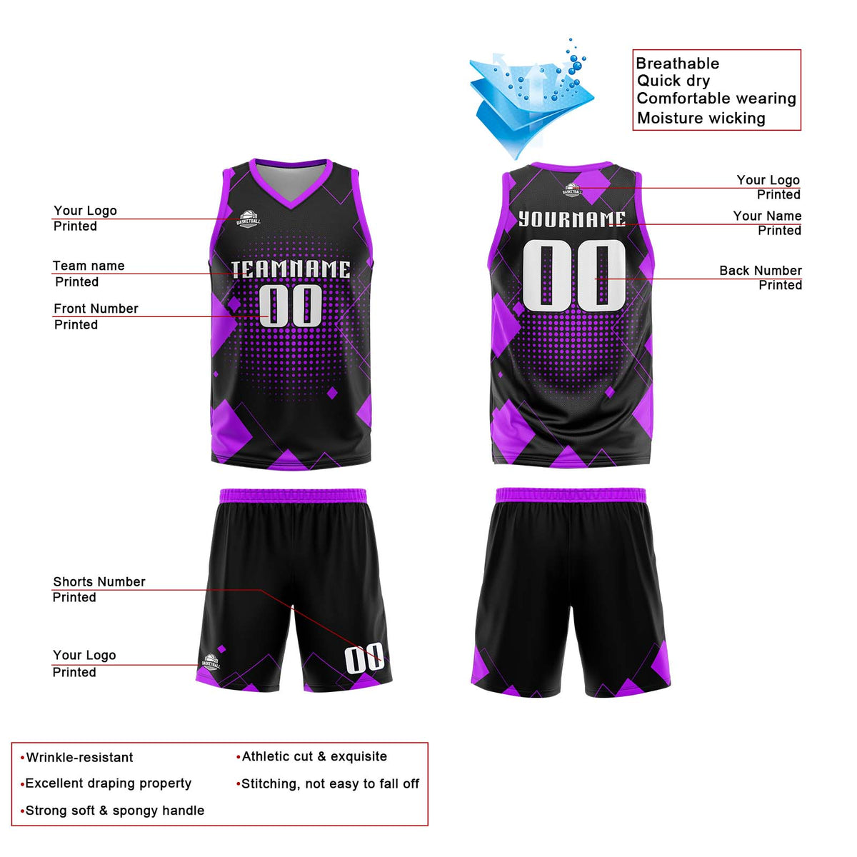 Custom Geometry Purple Basketball Jersey Uniform Suit Printed Your Logo Name Number enthsush