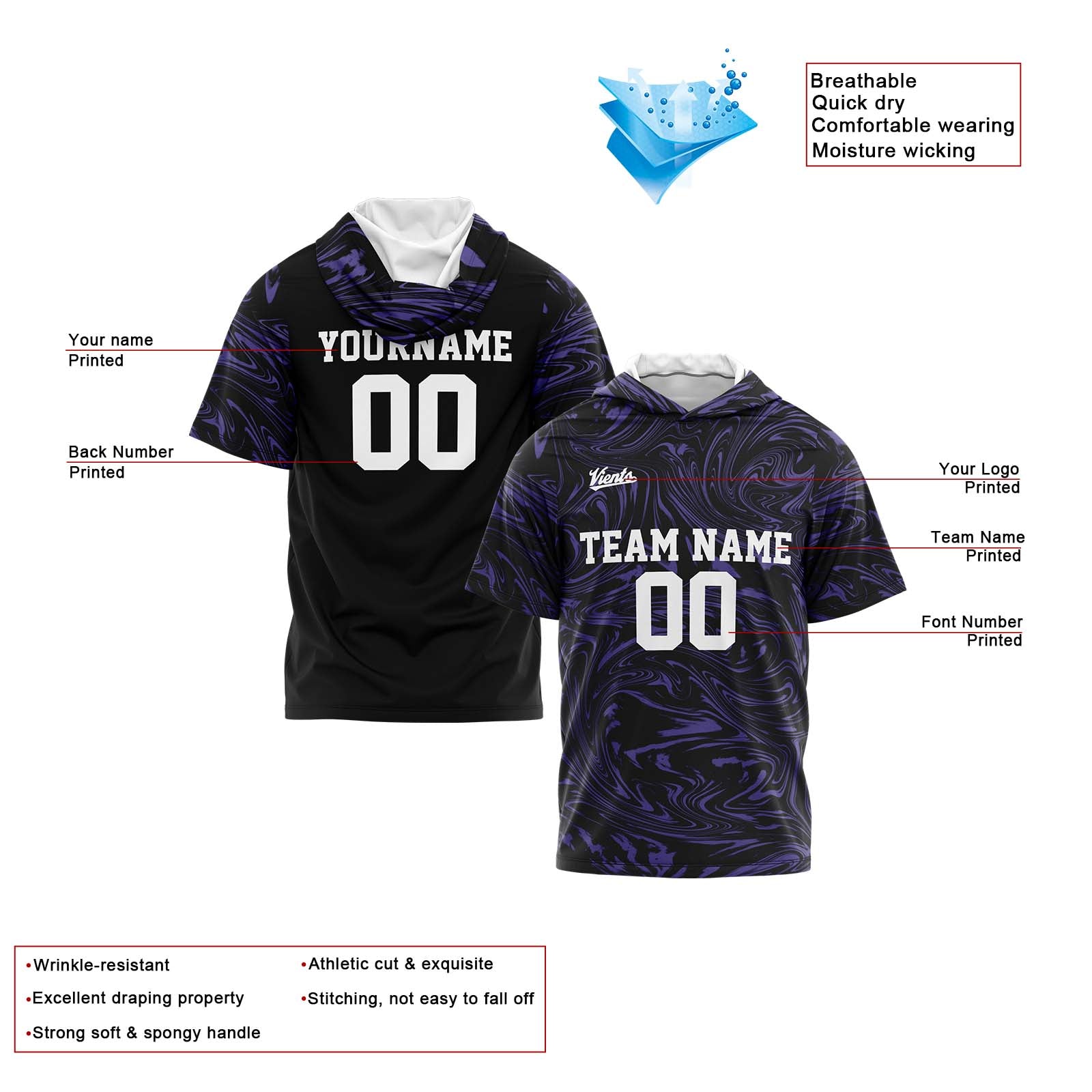 Custom Black Purple Sleeve Hoodies for Men Women Shirts with Hoods Printed Name Logo enthsush