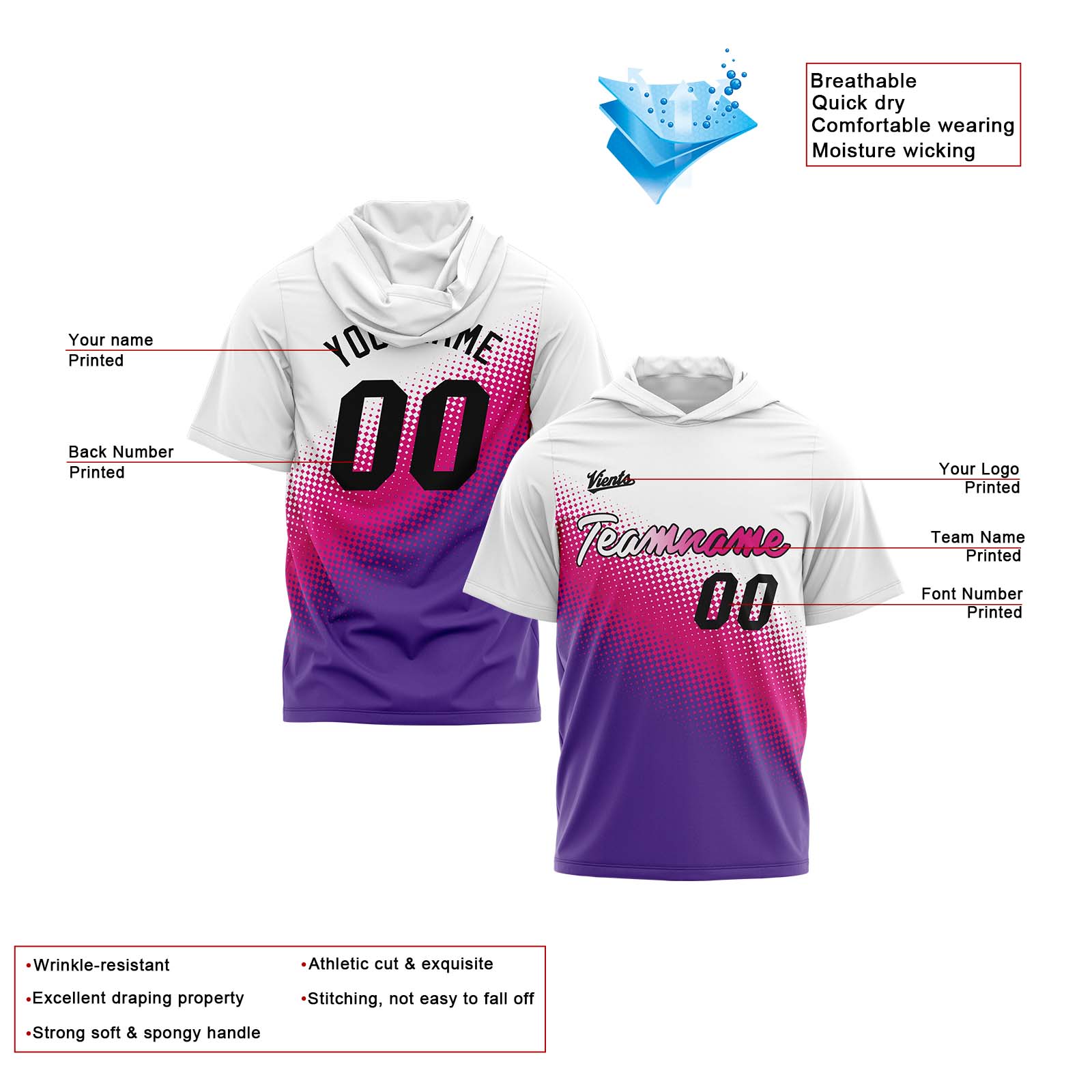 Custom White Pink Purple Short Sleeve Hoodies for Men Women Shirts with Hoods Printed Name Logo enthsush