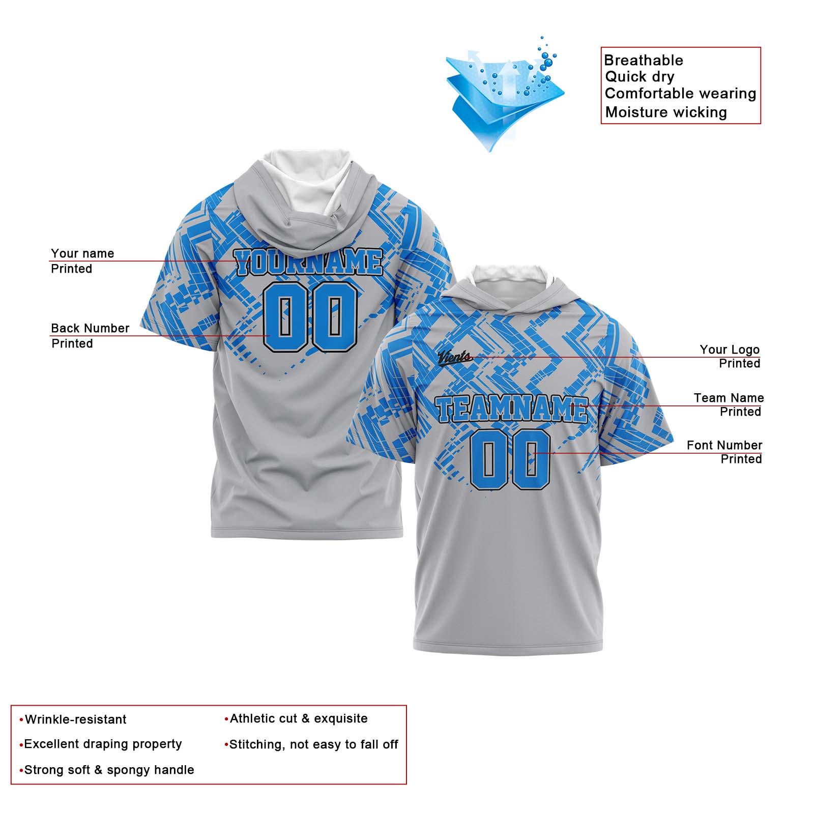 Custom Blue Grey Short Sleeve Hoodies for Men Women Shirts with Hoods Printed Name Logo enthsush