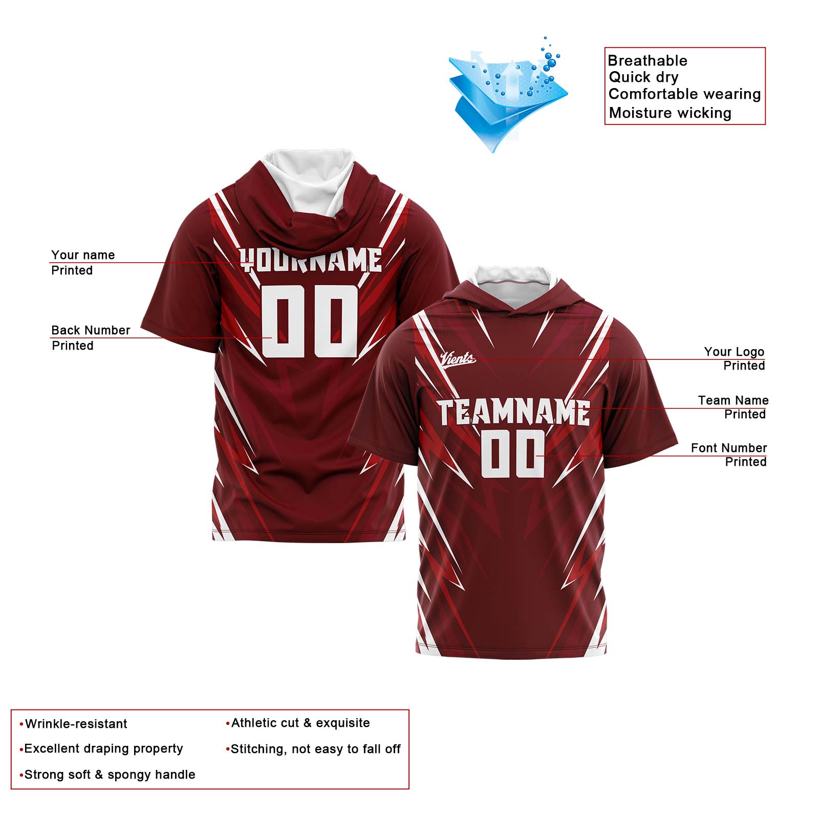 Custom Drak Red Short Sleeve Hoodies for Men Women Shirts with Hoods Printed Name Logo enthsush