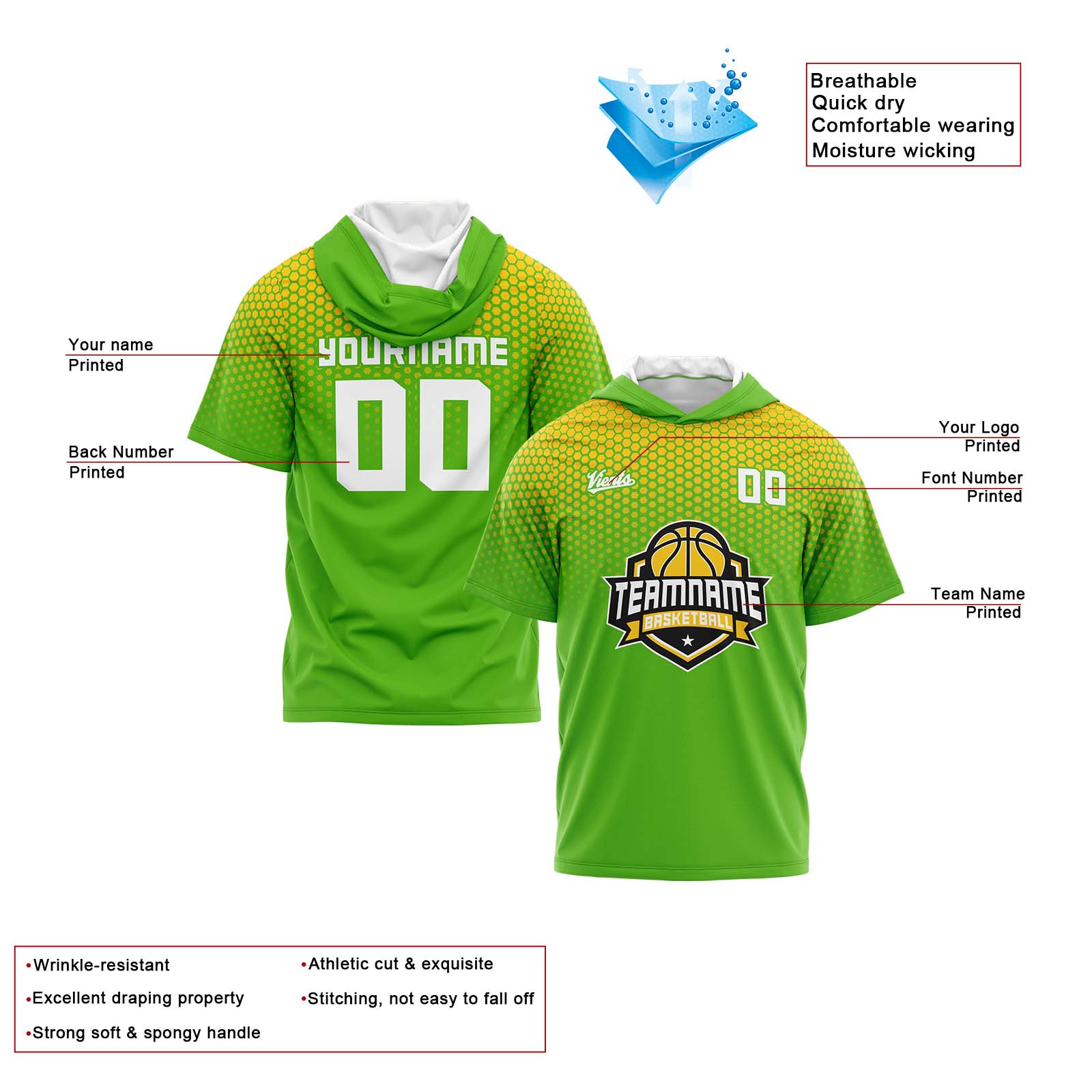 Custom Green Yellow Short Sleeve Hoodies for Men Women Shirts with Hoods Printed Name Logo enthsush