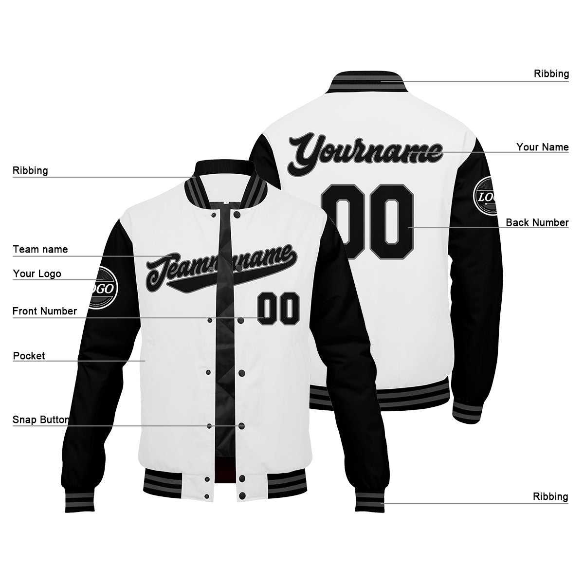 Custom Varsity Jacket Letterman jacket for Men, Women and Youth Black White enthsush