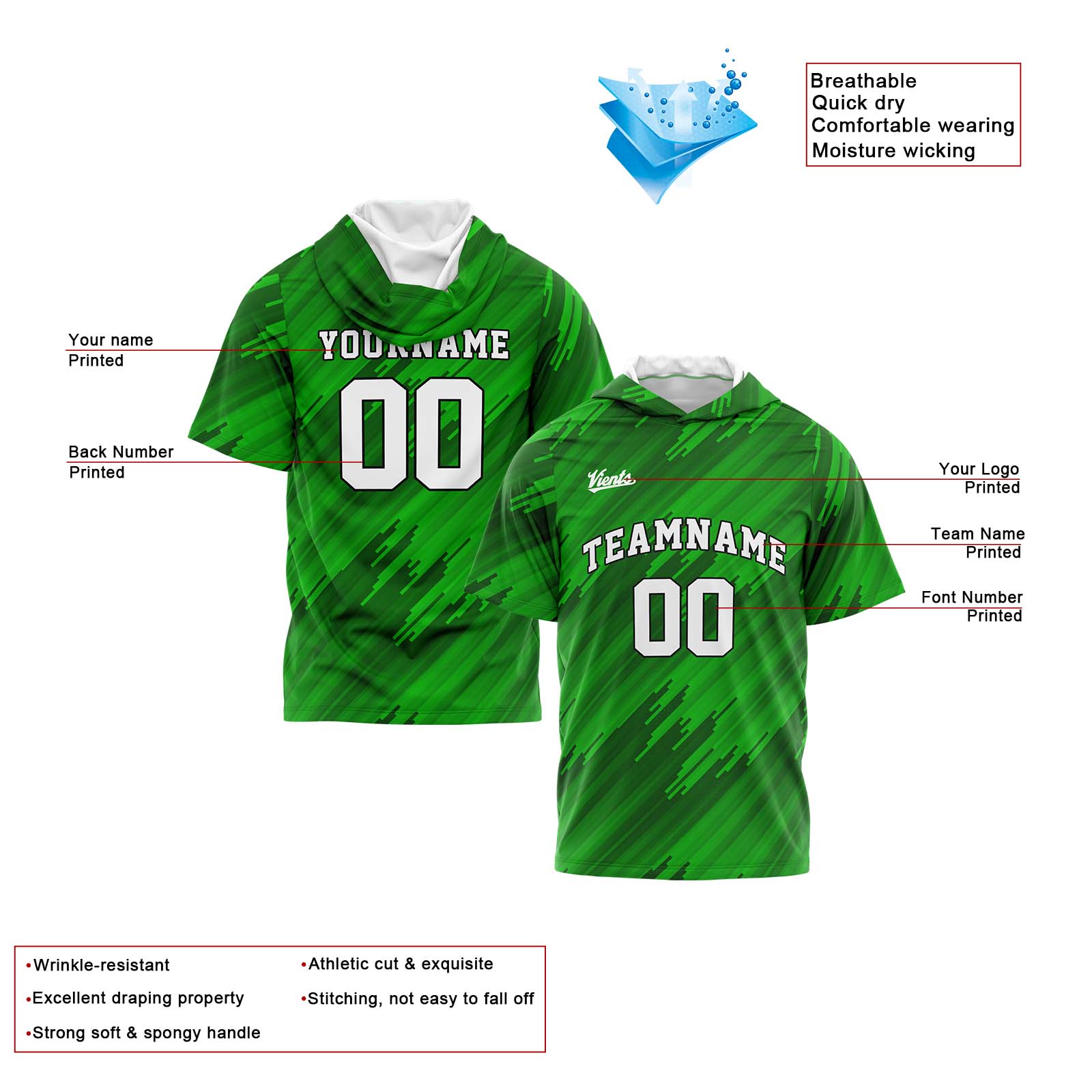Custom Green Short Sleeve Hoodies for Men Women Shirts with Hoods Printed Name Logo enthsush
