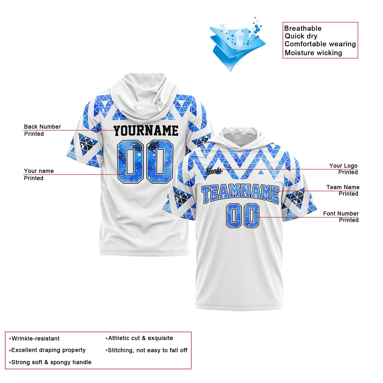 Custom White Blue Short Sleeve Hoodies for Men Women Shirts with Hoods Printed Name Logo enthsush