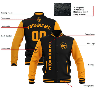 Custom Black Yellow Waterproof Varsity Jackets Personalized Stitched Name Number Logo to Letterman Jackets enthsush