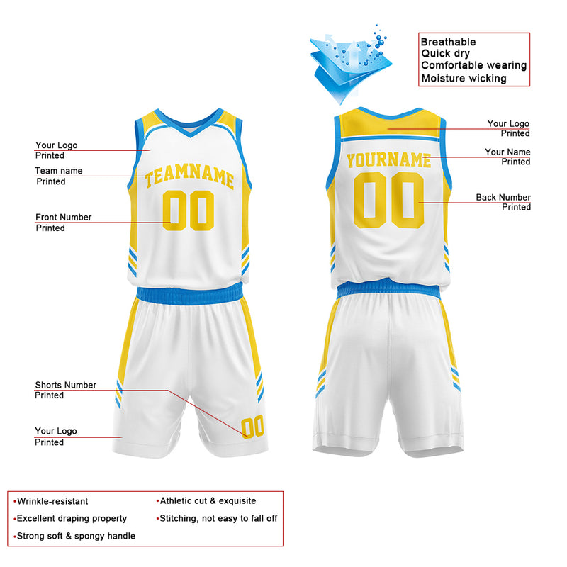 Custom Basketball Jersey Uniform Suit Printed Your Logo Name Number White-Blue-Yellow enthsush