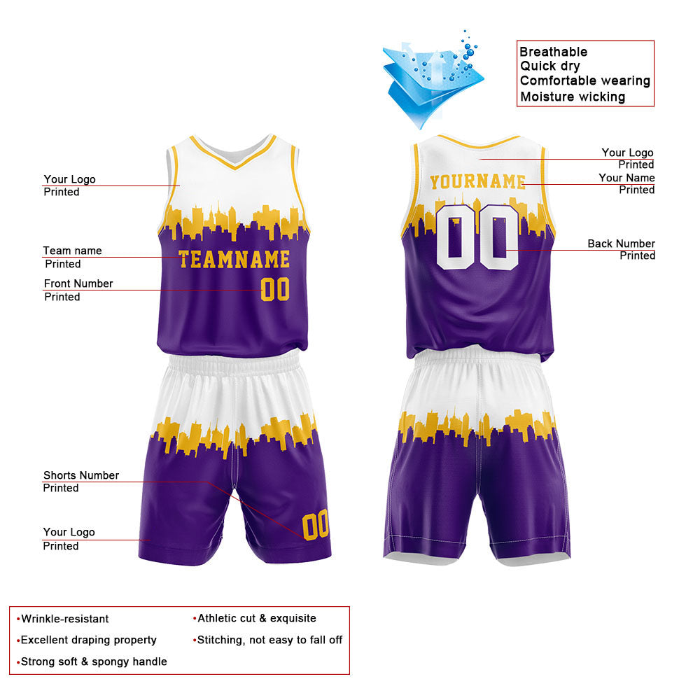 Custom Basketball Jersey Uniform Suit Printed Your Logo Name Number White-Purple enthsush
