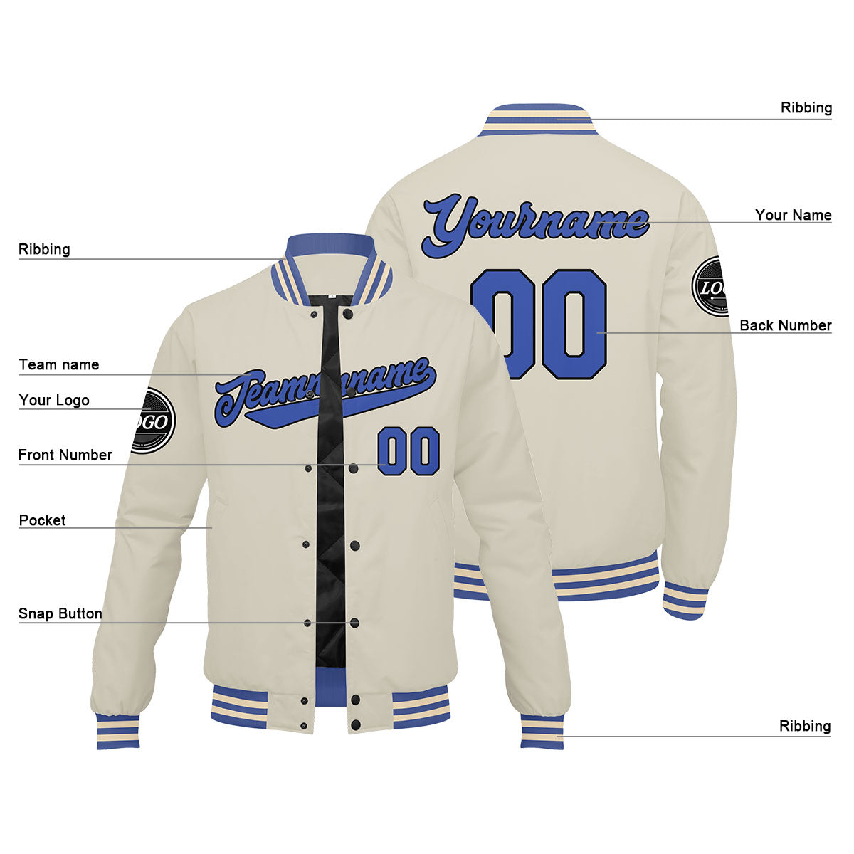 Custom Varsity Jacket Letterman jacket for Men, Women and Youth Cream Blue enthsush