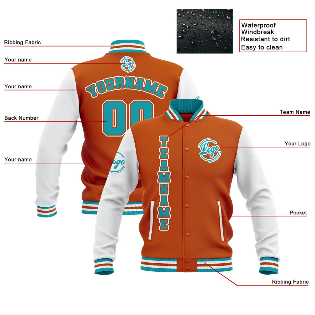 Custom Orange White Teal Waterproof Varsity Jackets Personalized Stitched Name Number Logo to Letterman Jackets enthsush