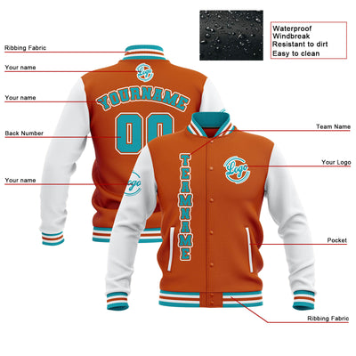 Custom Orange White Teal Waterproof Varsity Jackets Personalized Stitched Name Number Logo to Letterman Jackets enthsush