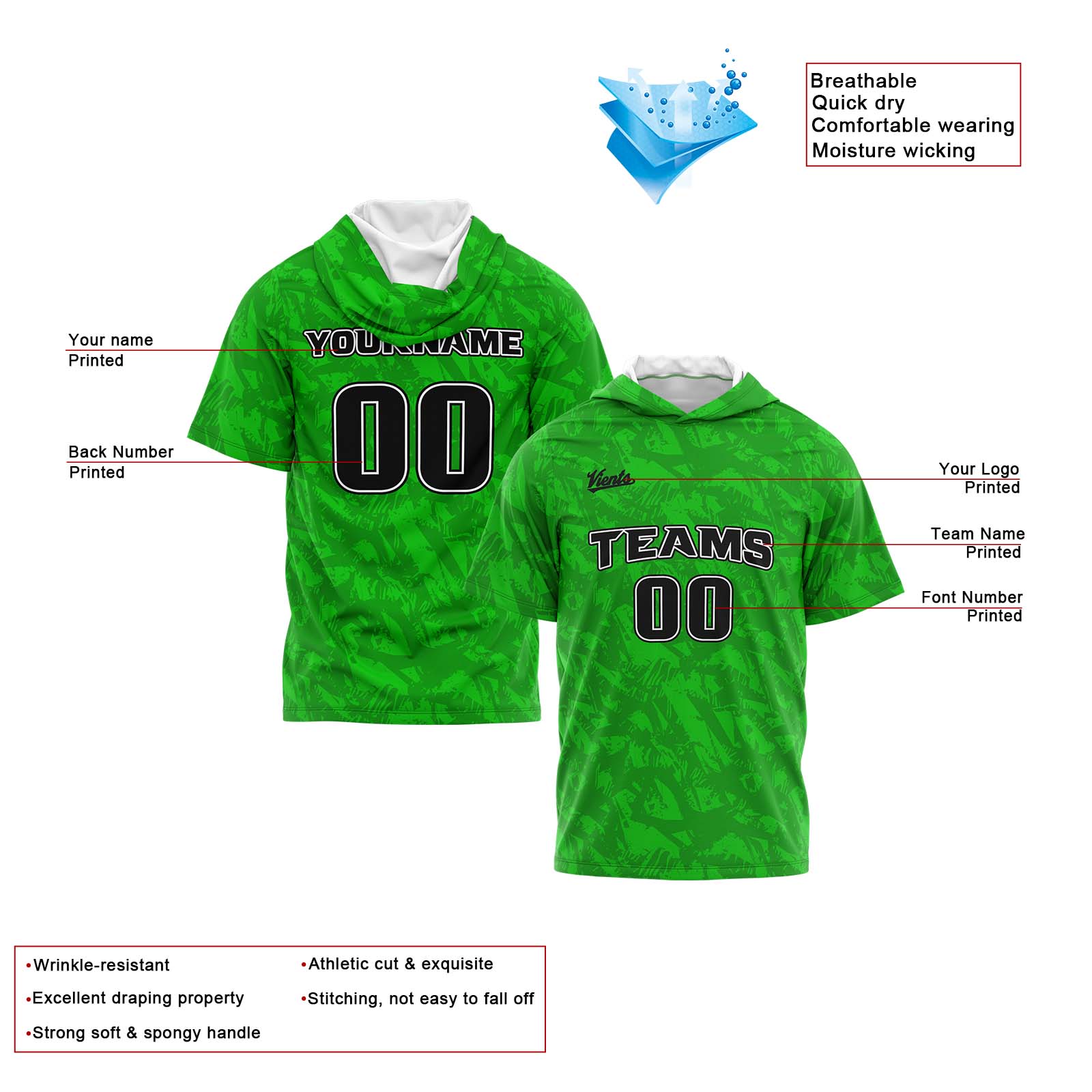 Custom Green Short Sleeve Hoodies for Men Women Shirts with Hoods Printed Name Logo enthsush