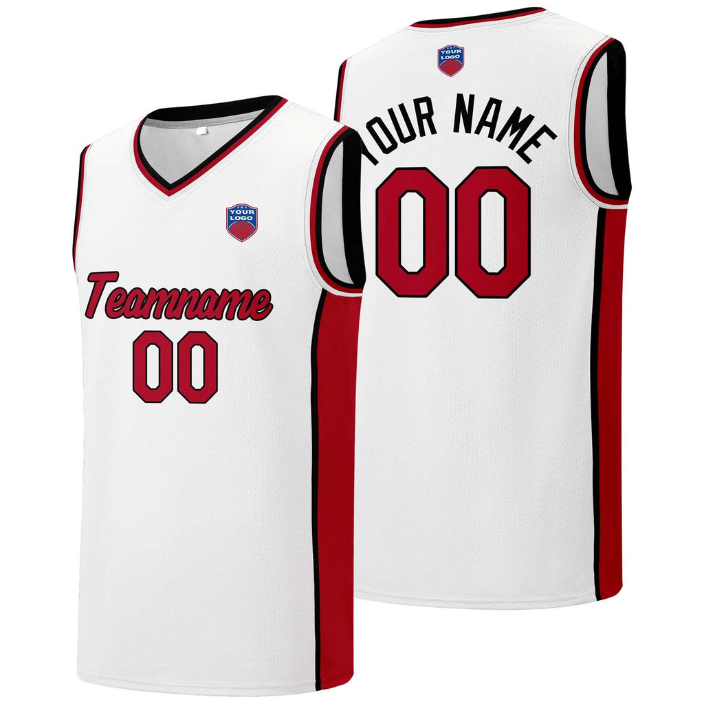 Custom basketball jersey shorts for men and women. Embroidered and printed name, number and logo White&Red&Black enthsush