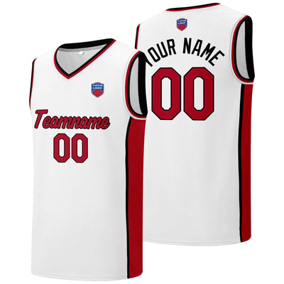 Custom basketball jersey shorts for men and women. Embroidered and printed name, number and logo White&Red&Black enthsush