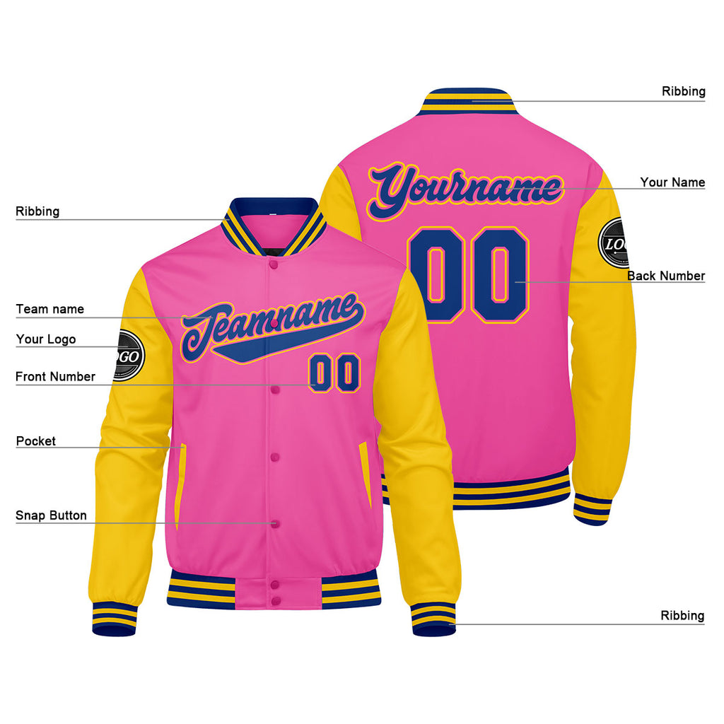 Custom Varsity Jacket Letterman jacket for Men, Women and Youth Pink Yellow Royal enthsush