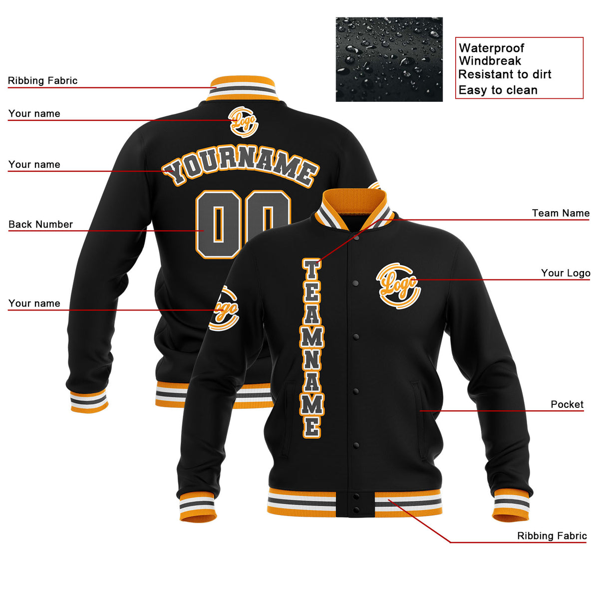 Custom Black Yellow Grey Waterproof Varsity Jackets Personalized Stitched Name Number Logo to Letterman Jackets enthsush