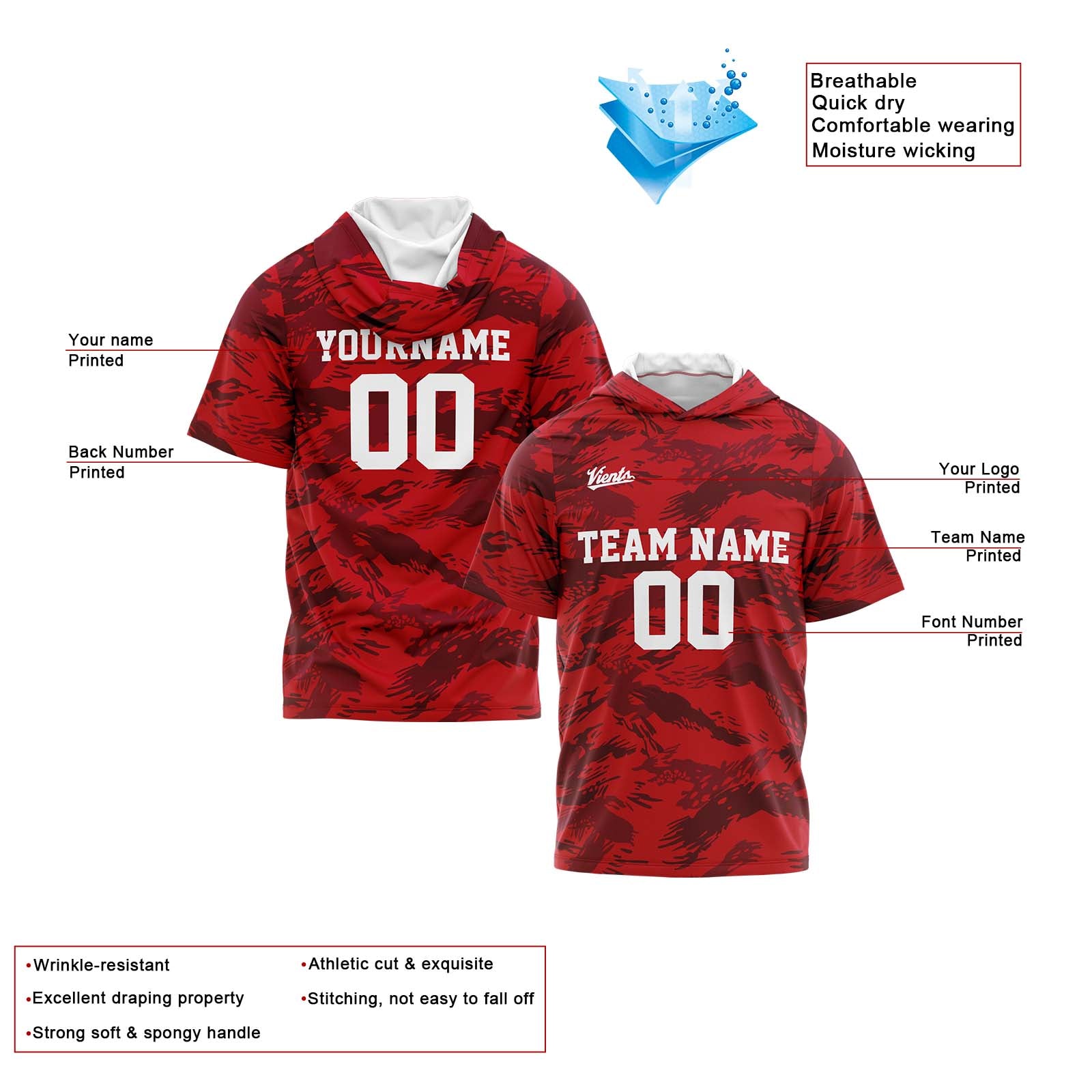 Custom Red Sleeve Hoodies for Men Women Shirts with Hoods Printed Name Logo enthsush