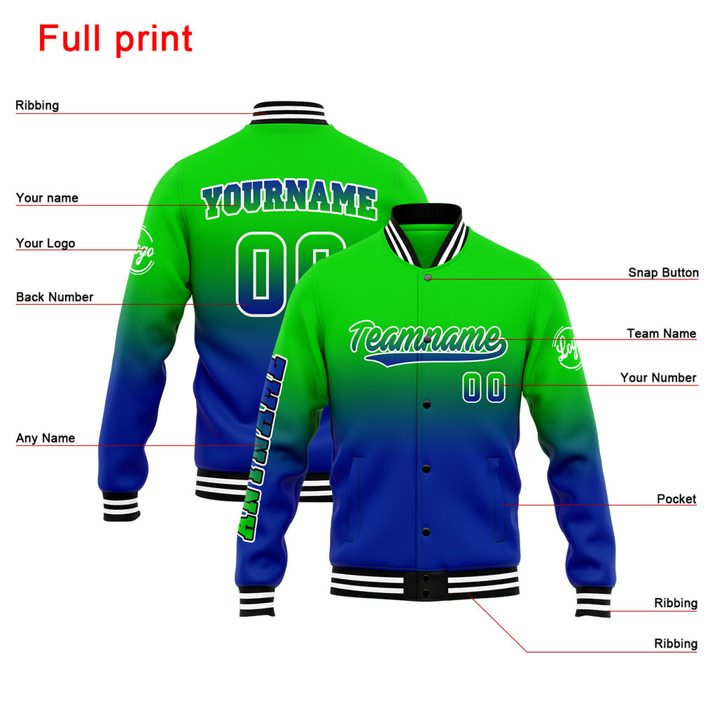 Custom Gradient Varsity Jacket Letterman jacket for Men, Women and Youth Green&Blue enthsush