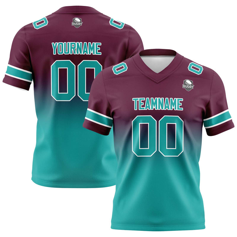 Custom Burgundy Teal Gradient Football Jersey Personalized Football Shirts for Men Women  Printed Team Name Number Logo
