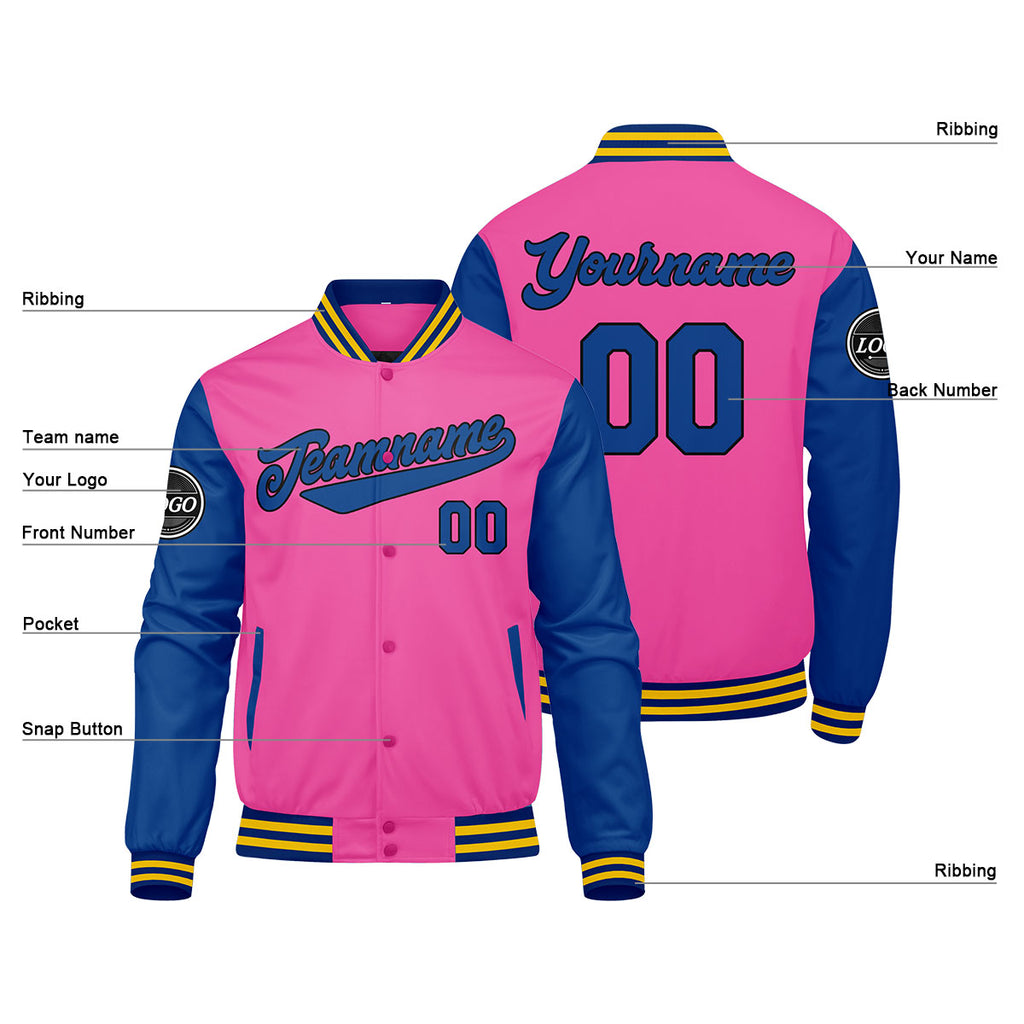 Custom Varsity Jacket Letterman jacket for Men, Women and Youth Pink Royal Yellow enthsush